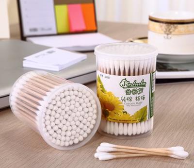 Item No:1037----100 Pcs Wooden Stick 100% Pure Cotton Buds Packed in PP Can